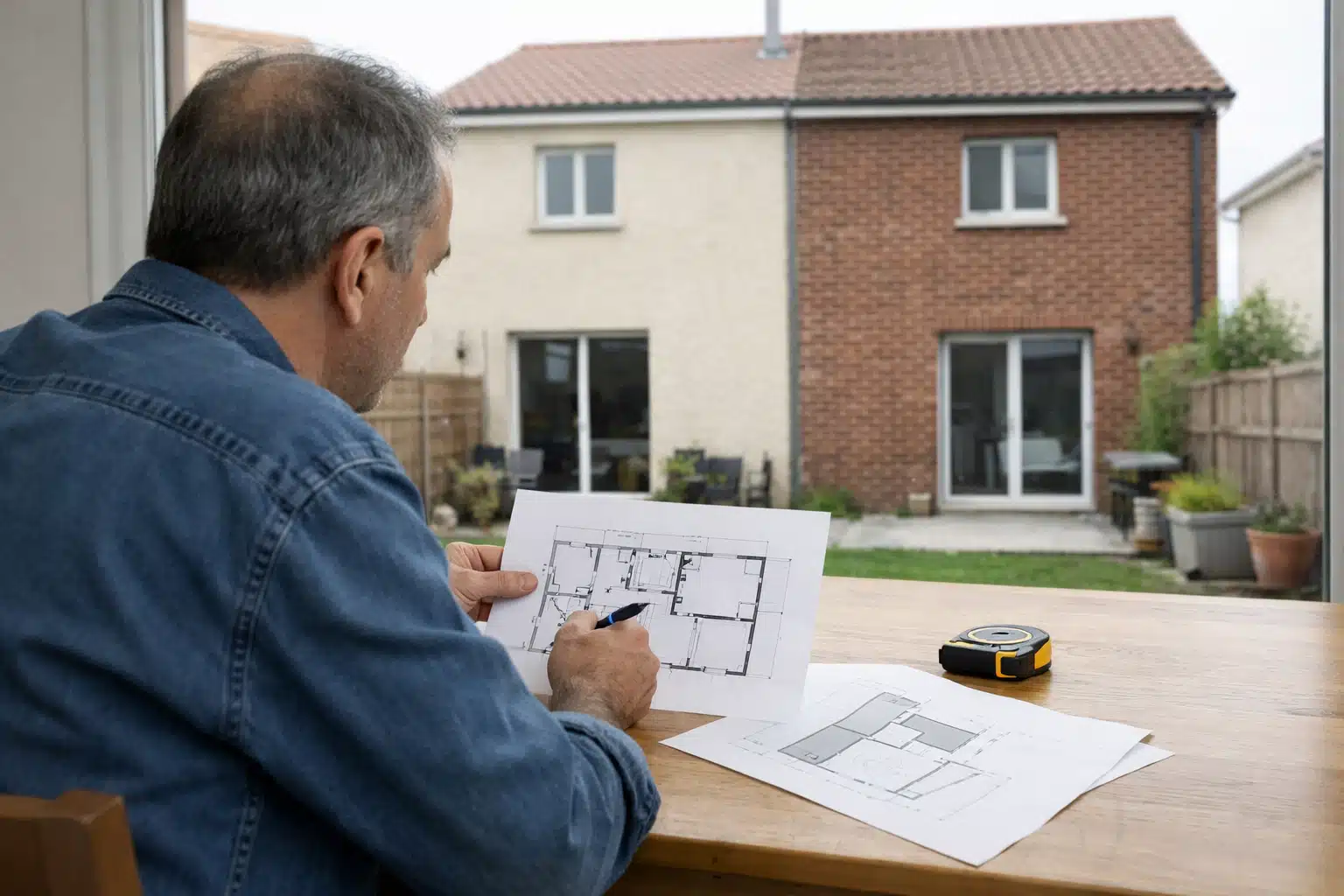 Homme examinant des plans de maison sur table.