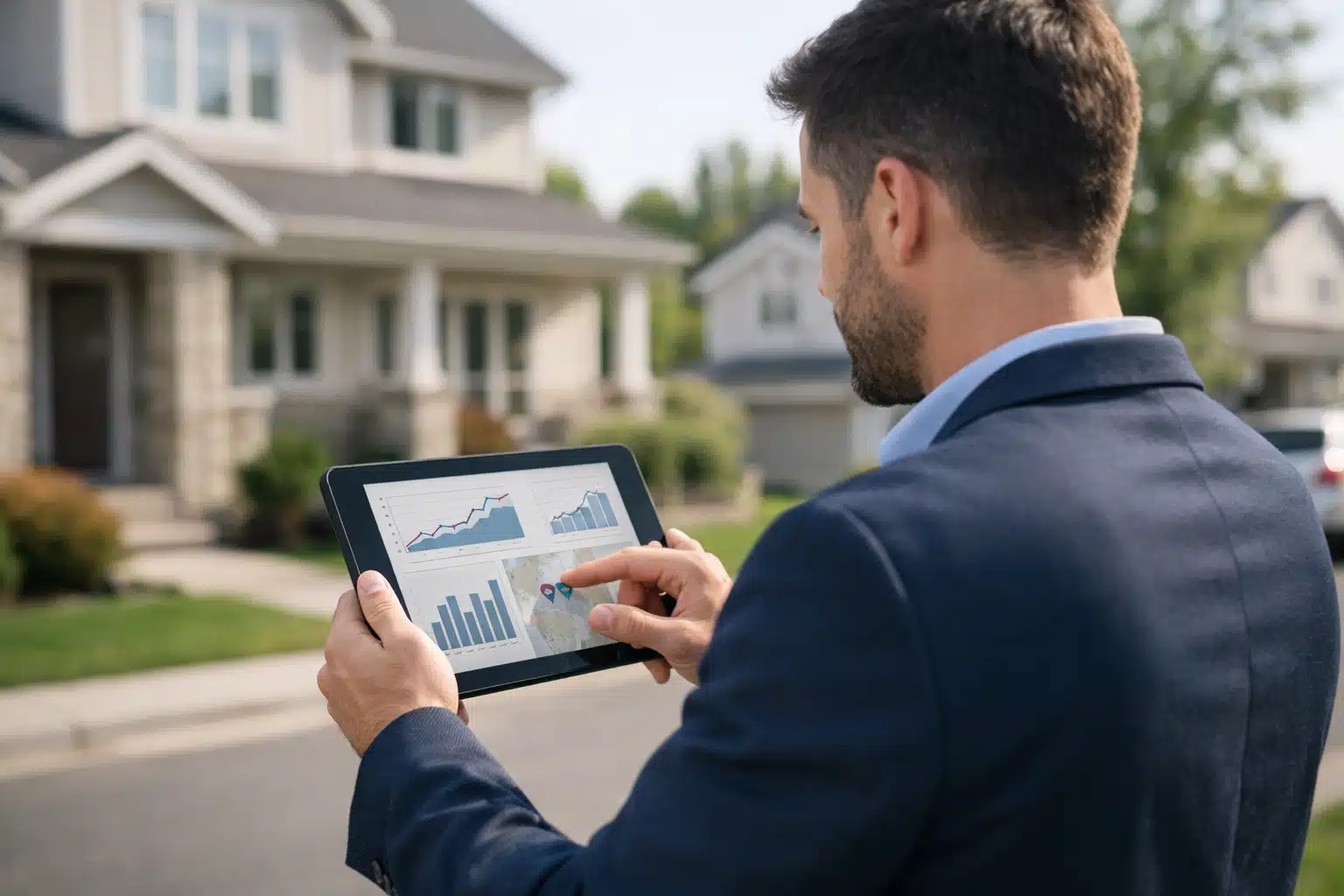 Homme en costume consultant des graphiques sur tablette pour appliquer les 7 astuces pour réussir sa pige immobilière