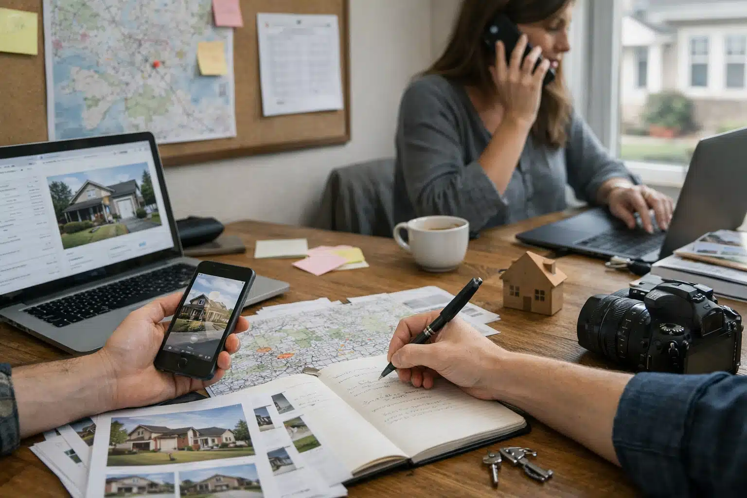 Main écrivant sur carnet près d'une carte