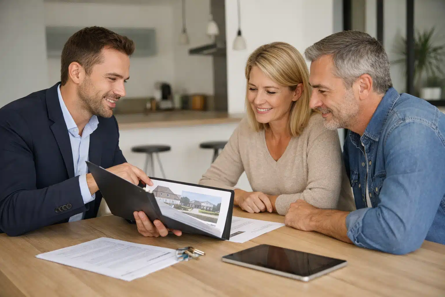 Agent immobilier présentant ses arguments en montrant une maison sur tablette à un couple