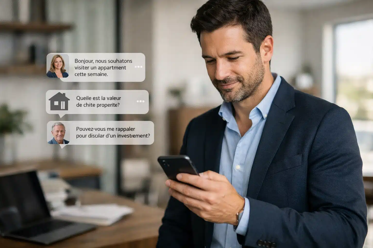 image-comment-ecrire-pige-immobiliere-par-sms Homme d'affaires souriant écrivant une pige immobilière par sms son smartphone au bureau