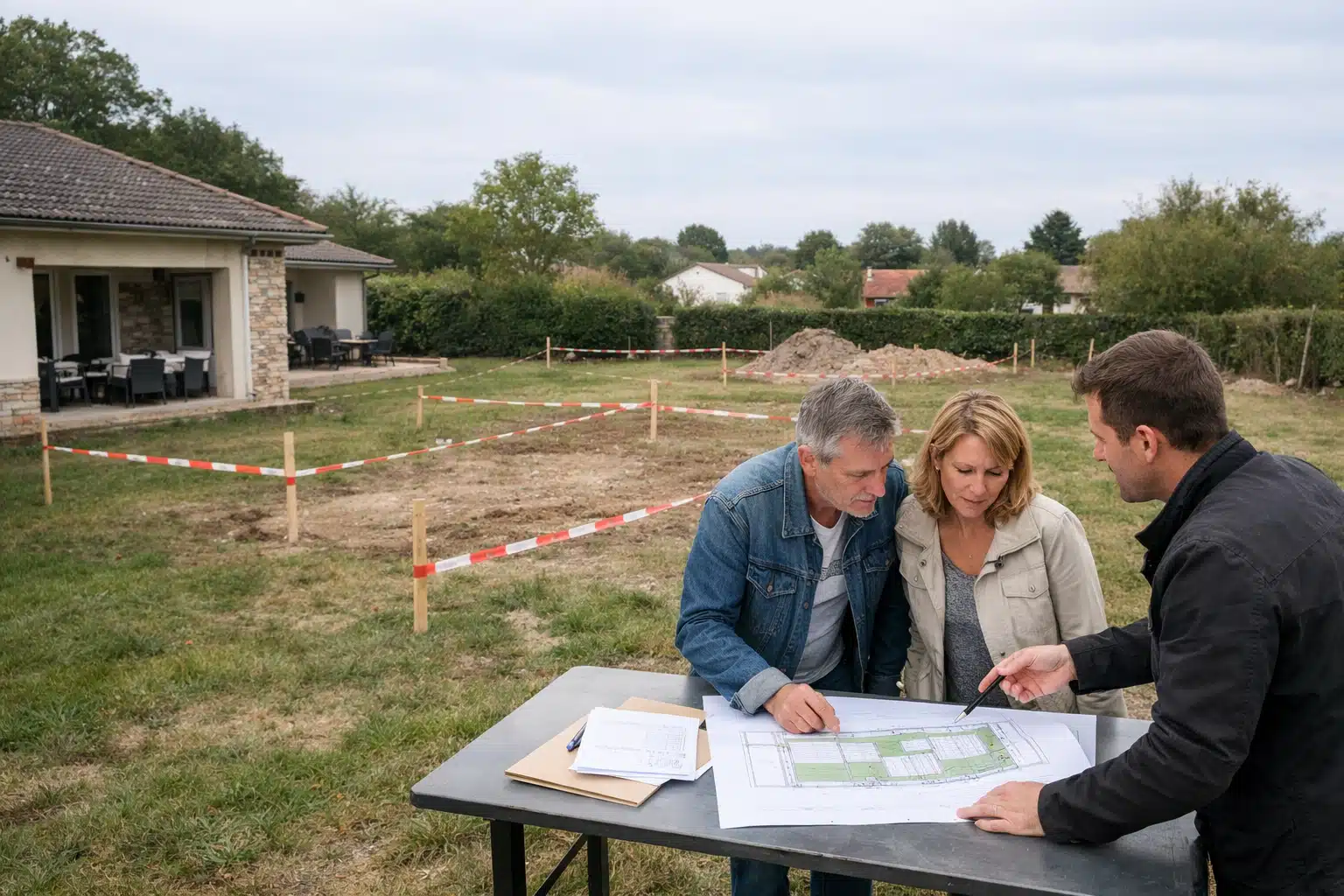 Homme et femme examinant plans sur chantier
