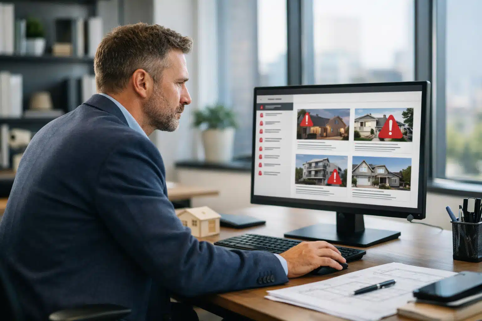 Homme en costume regardant des annonces immobilières sur écran parmi un des meilleurs logiciels de pige immobilière