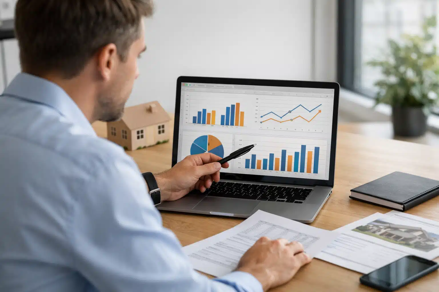Homme pointant un graphique financier sur ordinateur portable pour choisir sa trame de pige immobilière