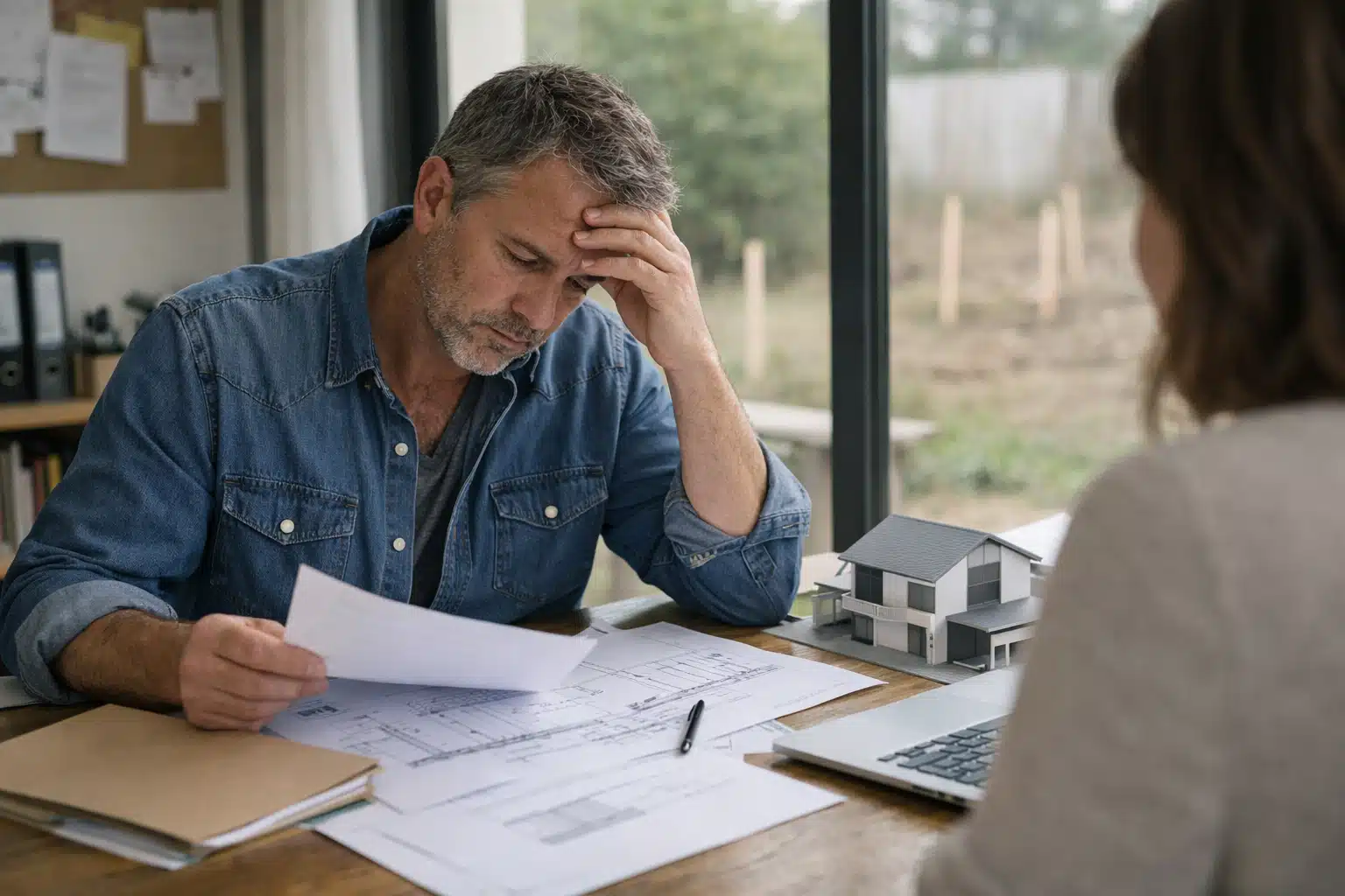 Homme examinant des documents près d'une maquette de maison