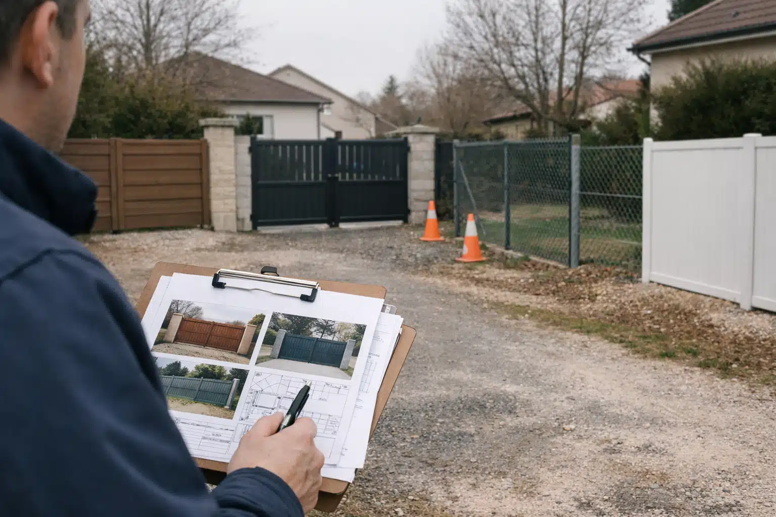 Carnet avec photos tenu devant un portail noir