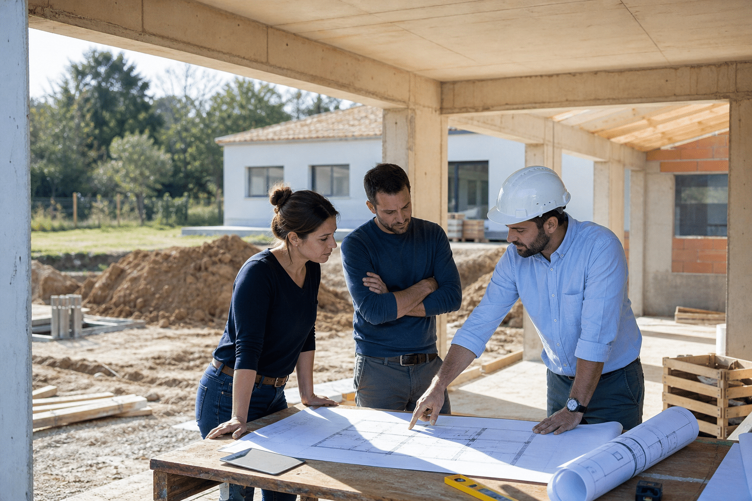 Trois professionnels pointant des plans sur chantier