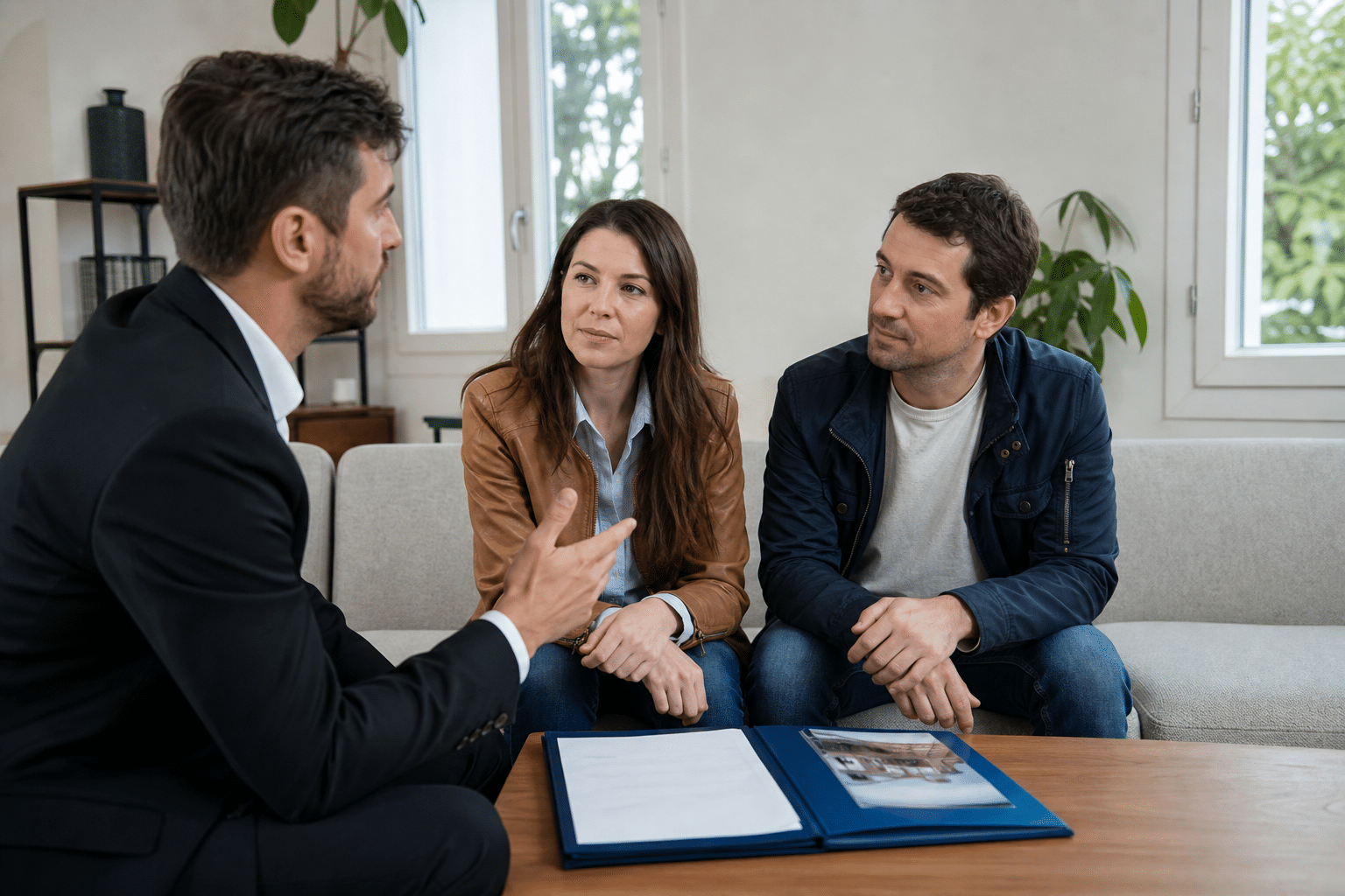 Couple écoutant un homme en costume expliquer des documents