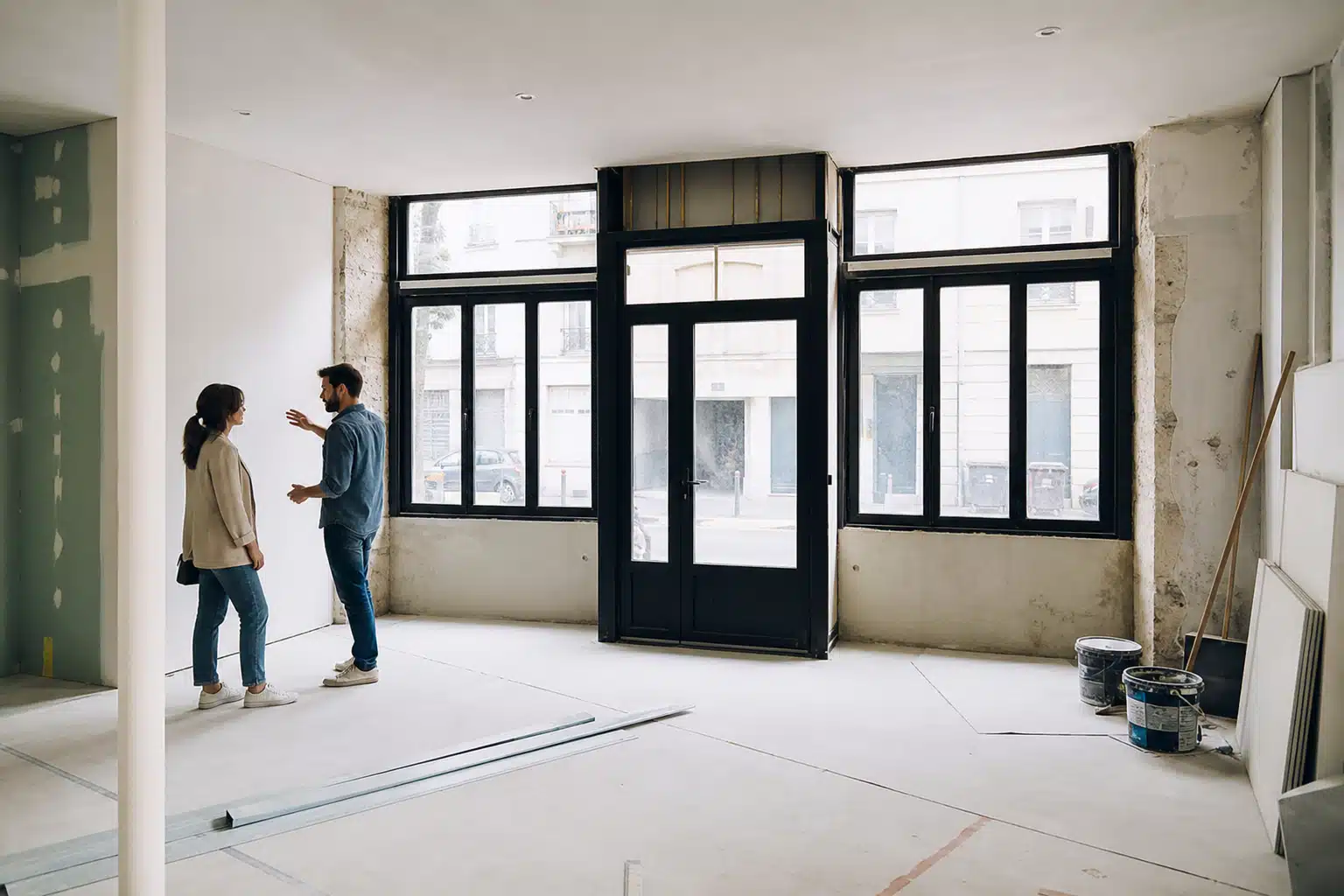 Intérieur d'appartement en rénovation, grandes baies vitrées