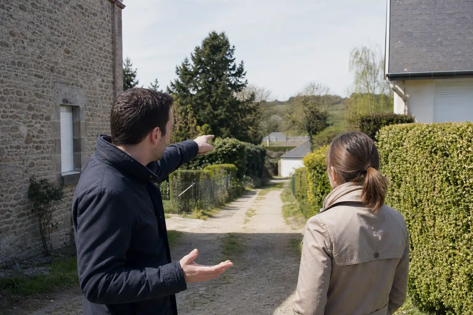 Homme montrant une maison à une femme